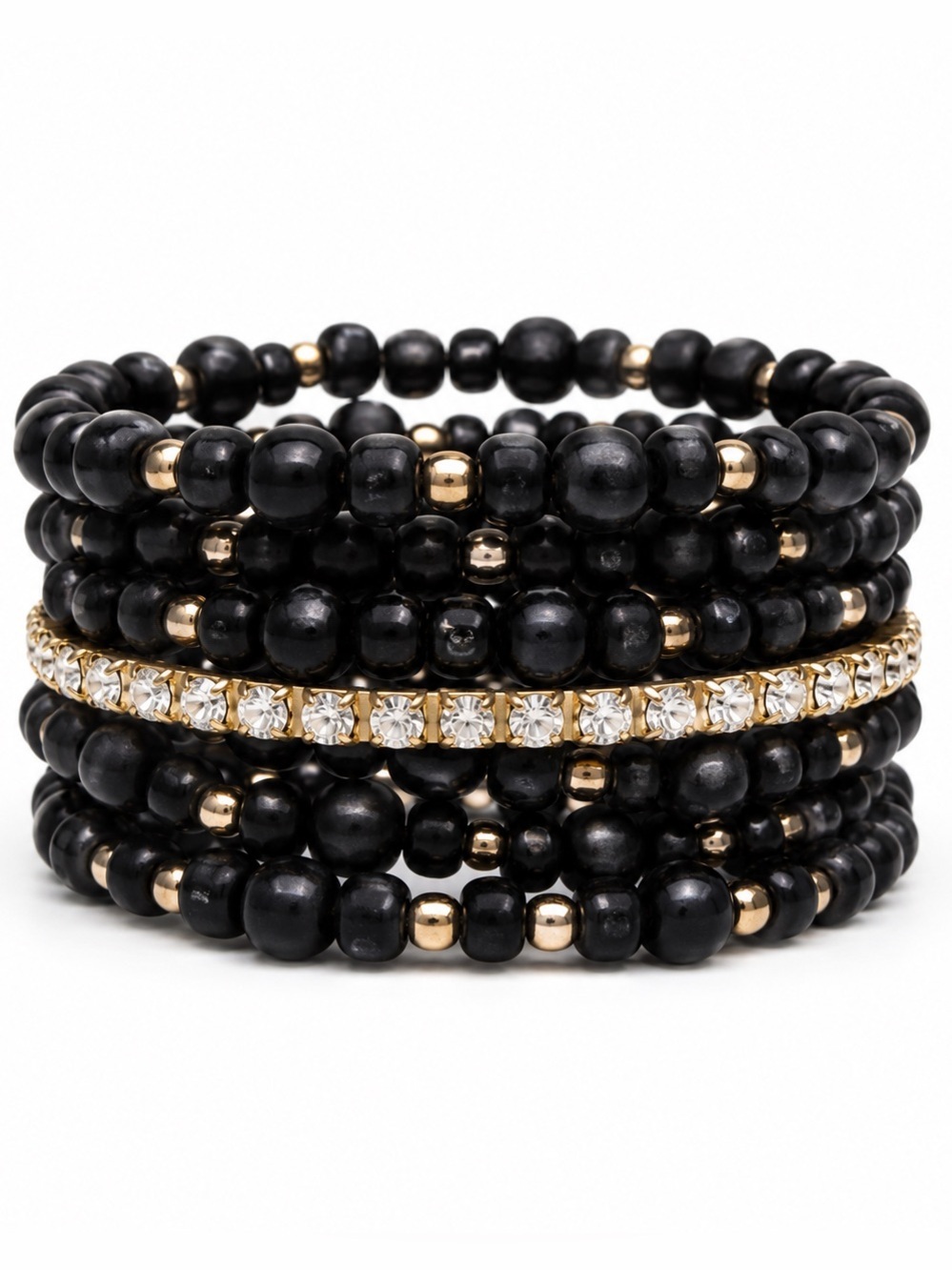 Boho Artisan Canyon Sky Black Gold & Rhinestone Beaded Wrap Bracelet